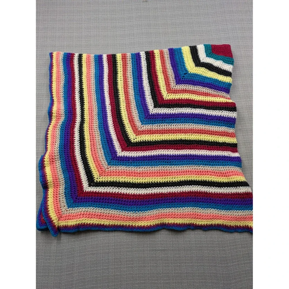 Handmade Knit Afghan Throw Blanket 48x47 Multicolor Striped Reversible